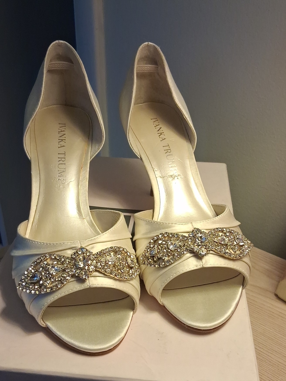 Ivanka Trump Ivory Satin Crystal-Embellished Peep-Toe Heels